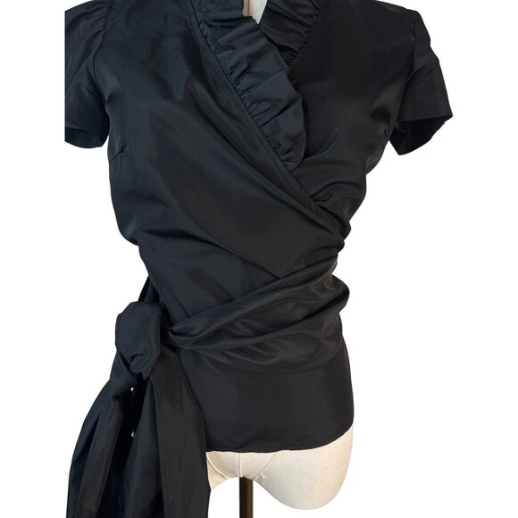 ZARA Black XS Ruffle Neck Wrap Top With Puff Sleeves & Side Sash Tie - Picture 9 of 16